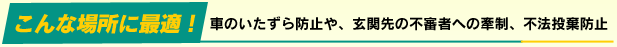 こんな場所に最適「車のいたずら防止や、玄関先の不審者への牽制、不法投棄防止