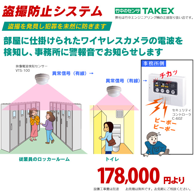 部屋に仕掛けられたワイヤレスカメラの電波を検知し、事務所に警報音でお知らせします。